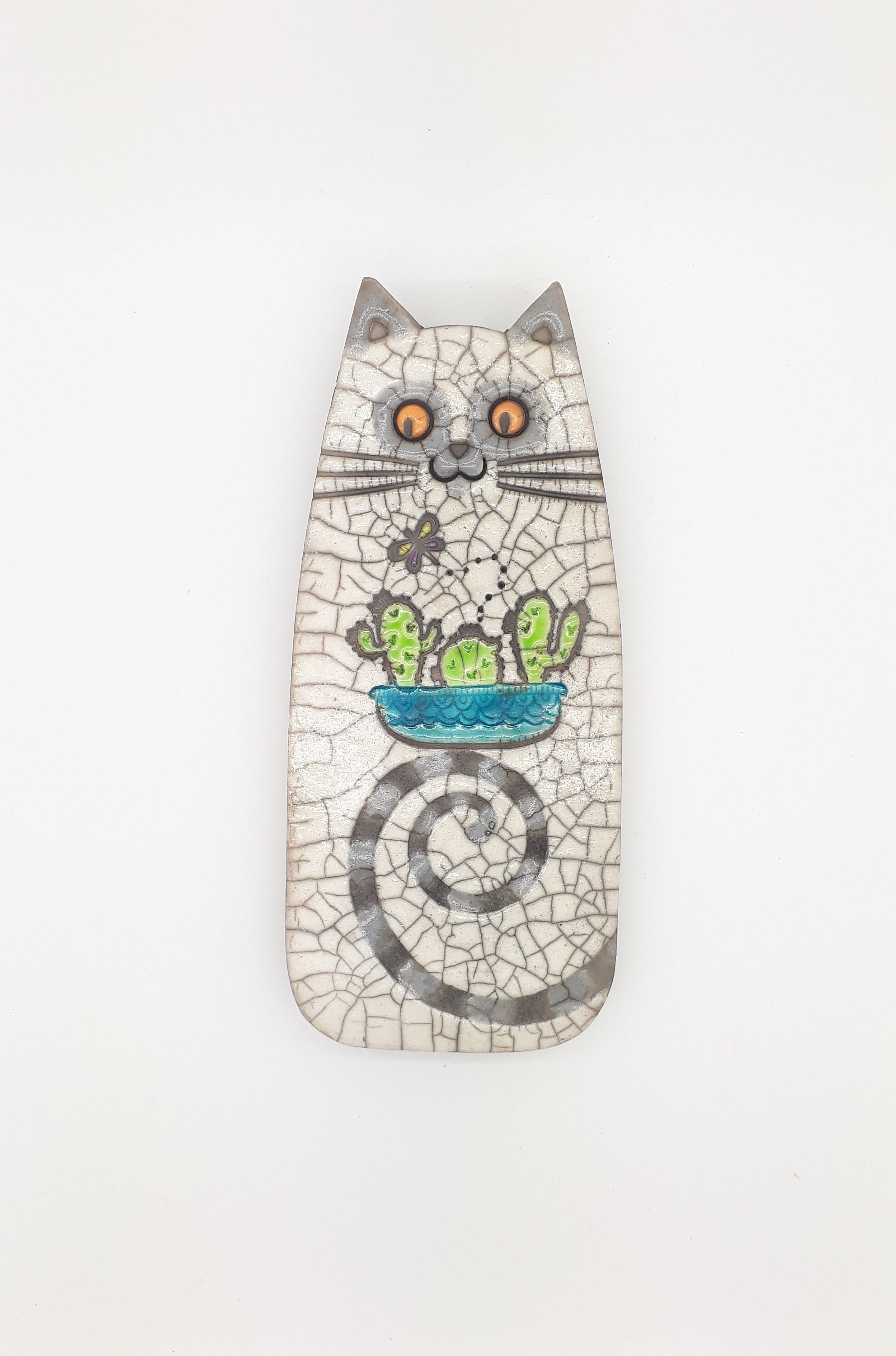 Plaque Murale Raku Chat Aux Cactus