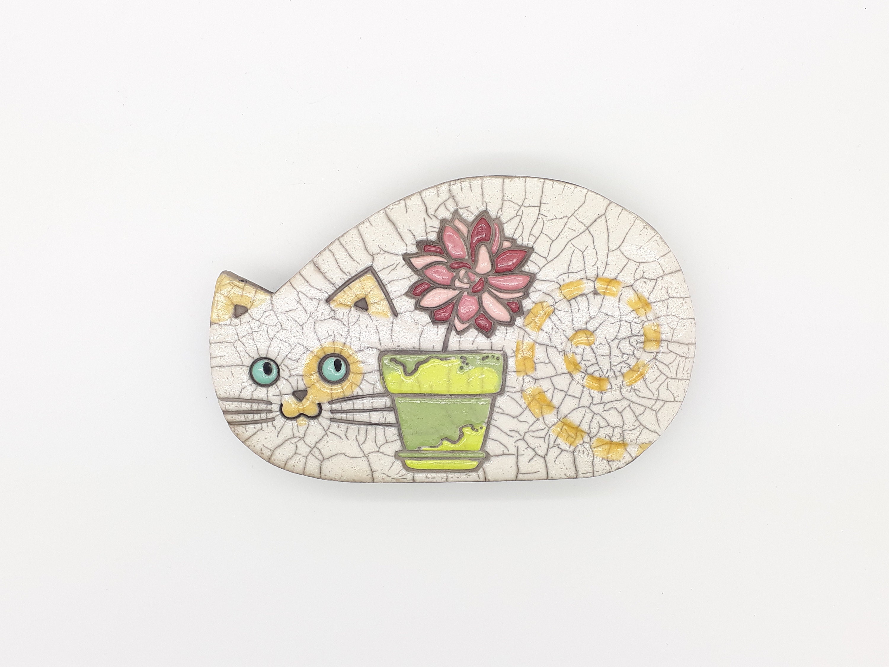 Plaque Murale Raku Chat Au Pot de Fleurs