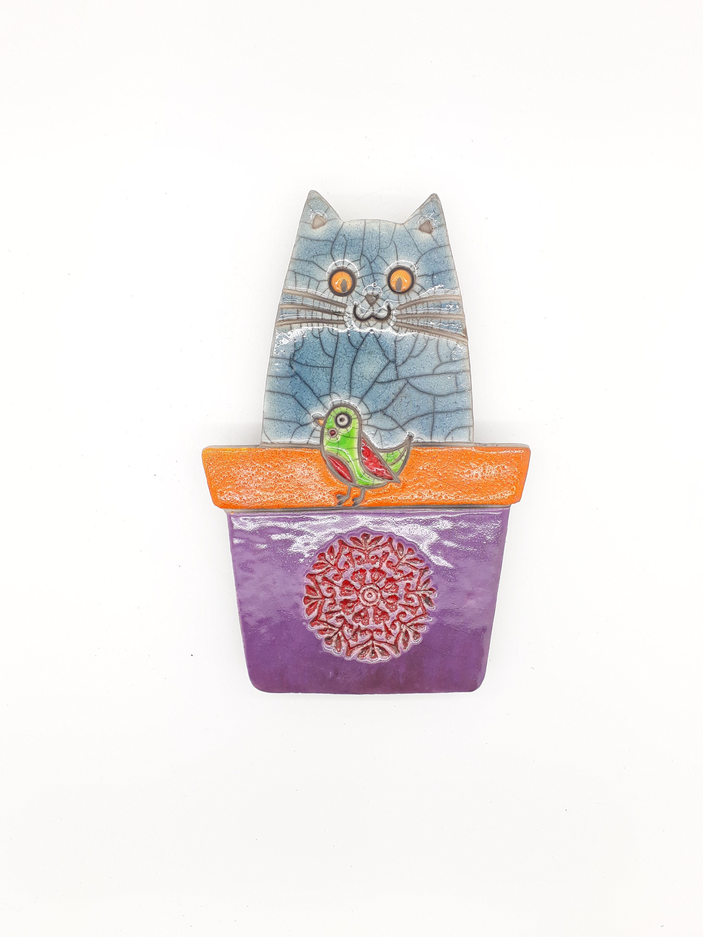 Plaque Murale Raku Chat Pot à L'oiseau