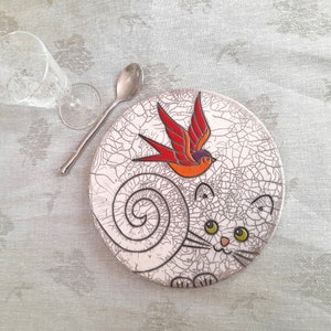 Dessous de plat Chat et oiseau céramique raku image 1