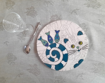 Trivet Cat with fish raku ceramic
