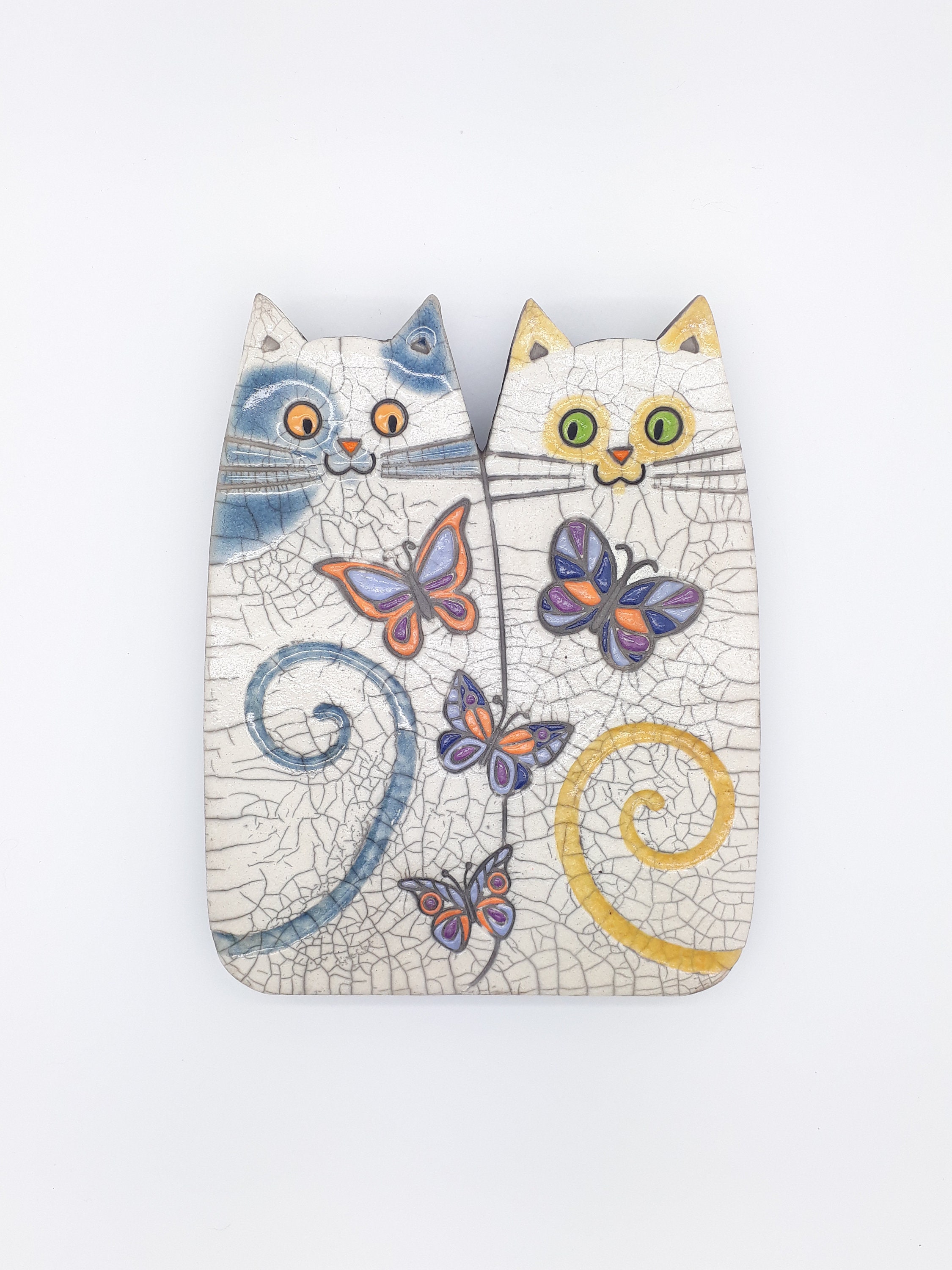 Plaque Murale Raku Chats Aux Papillons