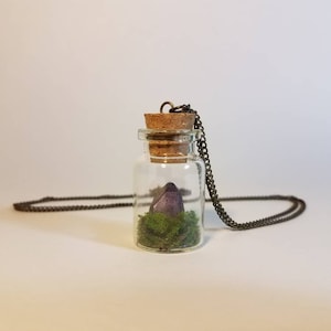 Crystal Terrarium Necklace-  Dark Purple With Moss