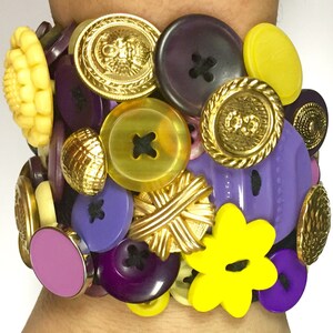 Vintage and Newer Buttons Bracelet Featuring Old Buttons of PURPLE, YELLOW & GOLD image 2