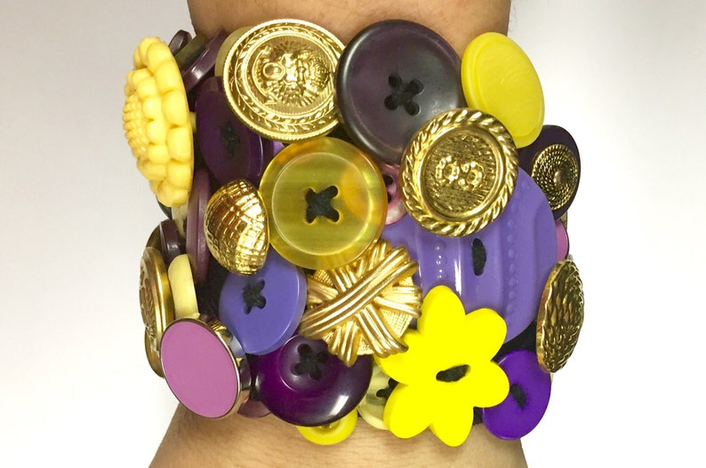 Vintage and Newer Buttons Bracelet Featuring Old Buttons of PURPLE, YELLOW & GOLD image 2