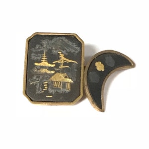 24K Japan Damascene Cufflink Featuring Pagoda and Mt Fuji