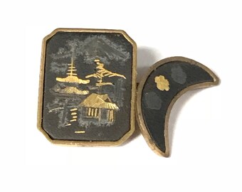 24K Japan Damascene Cufflink Featuring Pagoda and Mt Fuji