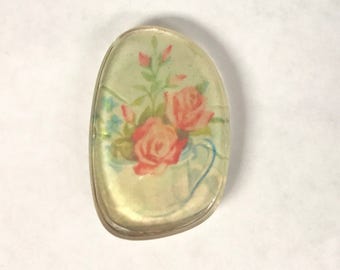 Unique Brooch/Pin Made of an Eye Glass Lens Featuring Vintage Wrapping Paper 1940's