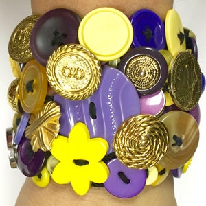 Vintage and Newer Buttons Bracelet Featuring Old Buttons of PURPLE, YELLOW & GOLD image 1