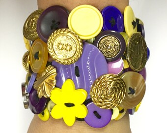 Vintage and Newer Buttons Bracelet Featuring Old Buttons of PURPLE, YELLOW & GOLD!