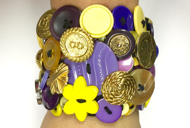 Vintage and Newer Buttons Bracelet Featuring Old Buttons of PURPLE, YELLOW & GOLD image 1