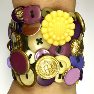 Vintage and Newer Buttons Bracelet Featuring Old Buttons of PURPLE, YELLOW & GOLD image 4