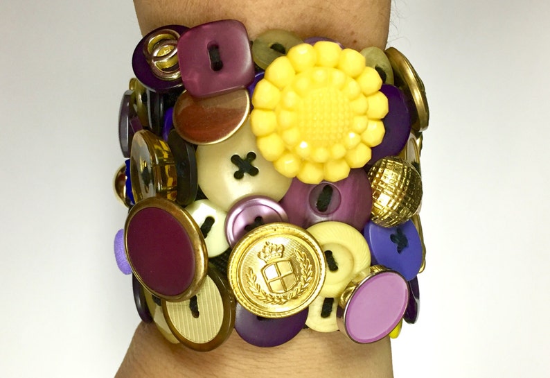 Vintage and Newer Buttons Bracelet Featuring Old Buttons of PURPLE, YELLOW & GOLD image 4