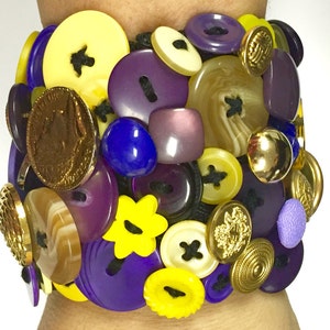 Vintage and Newer Buttons Bracelet Featuring Old Buttons of PURPLE, YELLOW & GOLD image 3