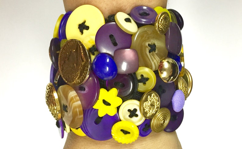 Vintage and Newer Buttons Bracelet Featuring Old Buttons of PURPLE, YELLOW & GOLD image 3