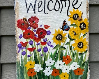 Slate welcome Sign for spring : Floral Garden Porch Decor