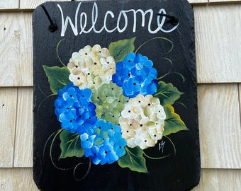 Porch welcome sign, Summer slate sign, Slate Garden sign, Porch decor, Hydrangea welcome plaque, door hanger, Slate welcome sign, slate sign