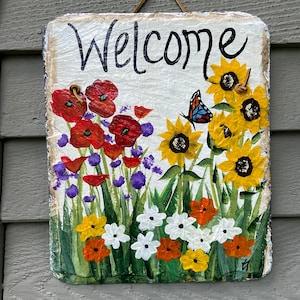 Porch welcome sign, Painted slate sign, welcome sign, Spring door hanger, garden decor, porch decor, Slate sign, painted tile, garden sign