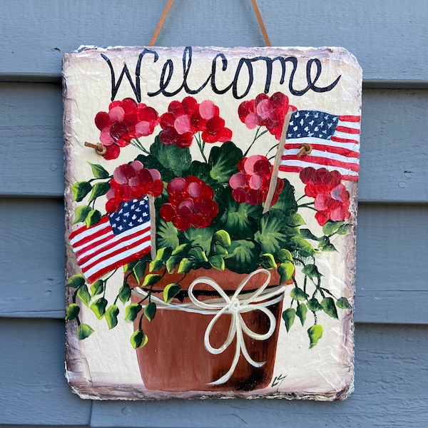 Patriotic slate sign, Summer Slate sign, July fourth welcome plaque, Painted slate, Summer Door hanger, Deck Decor, Porch Decor, Slate sign