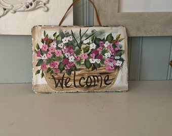 Painted slate welcome sign, garden slate sign, floral welcome plaque, Porch decor, door hanger, small slate welcome sign, garden decor