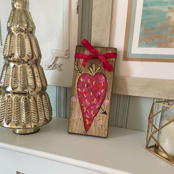 Hand Painted Heart on wood, Valentine shelf sitter / mantle art
