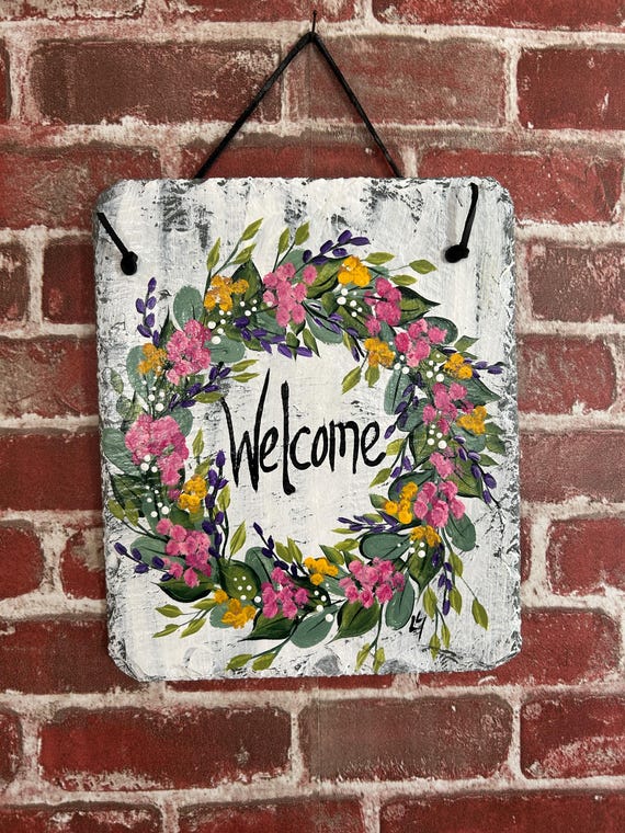 Spring Welcome Slate Sign: Floral wreath Door Hanger