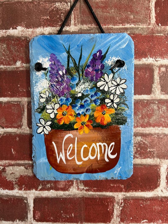 Painted Floral slate SIGN, welcome spring door hanger, Spring porch decor, Hand Painted floral welcome sign, painted Deck decor, slate sign