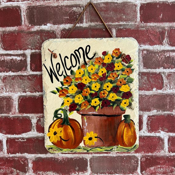 Painted slate welcome sign, welcome plaque, door hanger, Pumpkin slate sign, Painted slate, slate sign, Fall sign