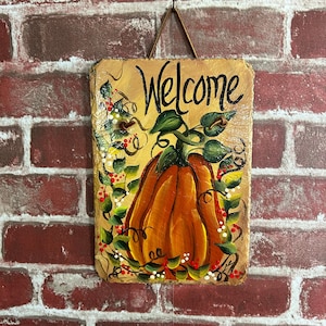 Slate Welcome Sign, Fall Porch Decor, pumpkin door hanger, autumn yard art