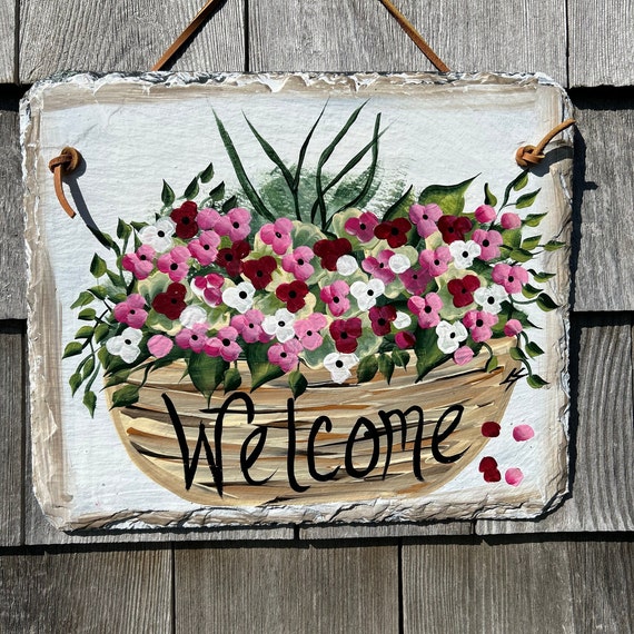 Hand Painted Slate sign, Spring Welcome sign, Front door Slate, Spring Slate Sign, door hanger, Spring slate, Slate welcome plaque