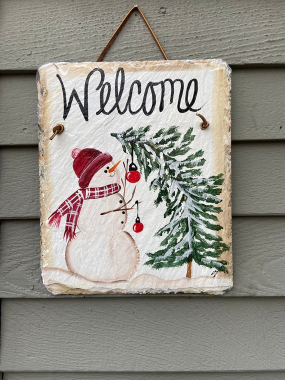Hand-Painted Snowman Slate Sign: Christmas Door Hanger, Recycled Roof Slate