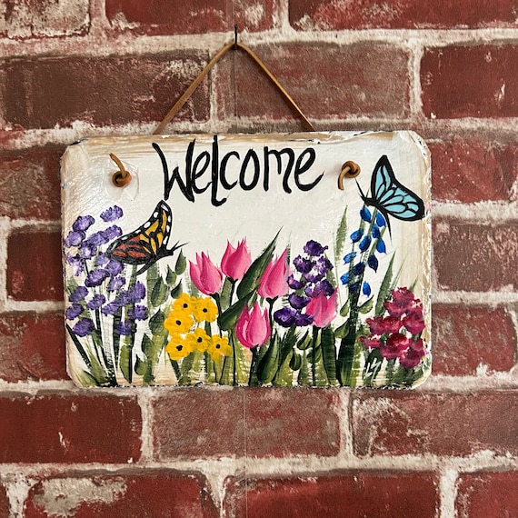 Painted slate welcome sign, garden slate sign, floral welcome plaque, Porch decor, door hanger, small slate welcome sign, garden decor