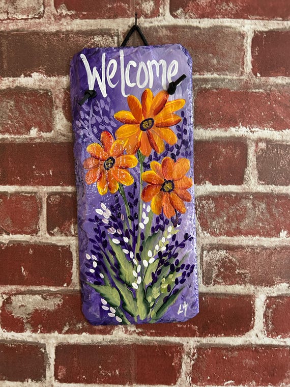 Outdoor painted slate floral welcome sign, slate sign, Porch decor, slate sign, painting on slate, garden decor, floral painting on slate