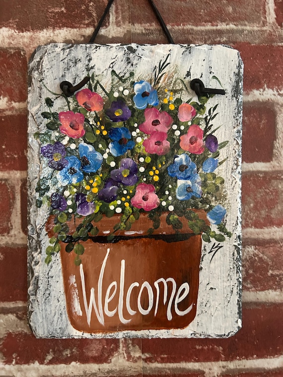 Hand Painted Spring Welcome Slate Sign: Floral Door Hanger