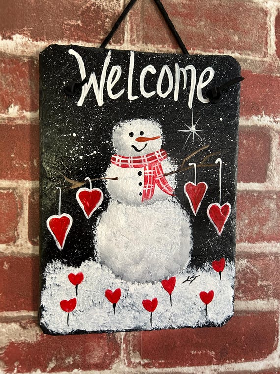 Painted Snowman slate welcome sign, Porch decor, slate sign, Winter sign, door hanger, Snowman slate sign, Snowman art,