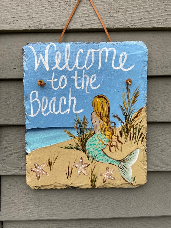 Mermaid Slate sign, Welcome to the Beach Slate sign, Beach house decor, Coastal decor, Hand painted slate , Slate welcome sign, Beach sign