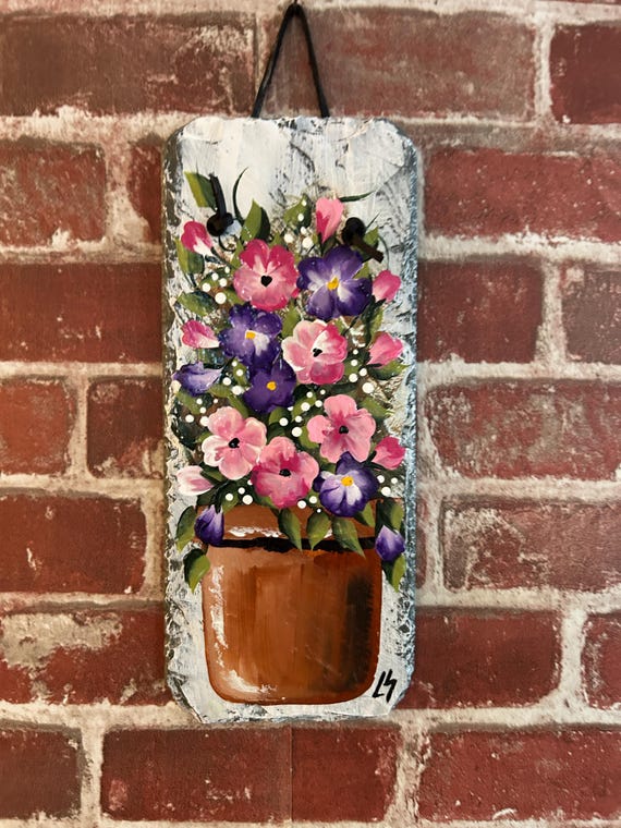 Hand-Painted Pink Floral Slate welcome Sign: Spring Porch Decor (12x5)