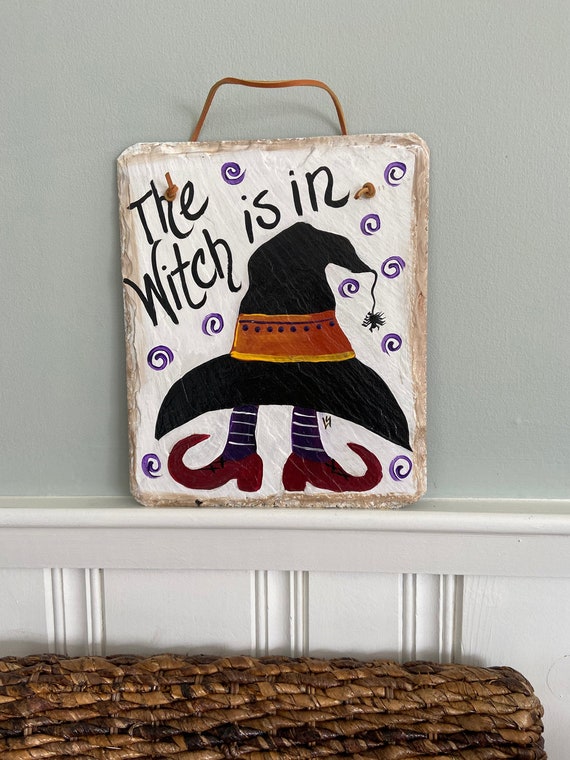 Painted Halloween Slate door hanger: Halloween The Witch is in Sign