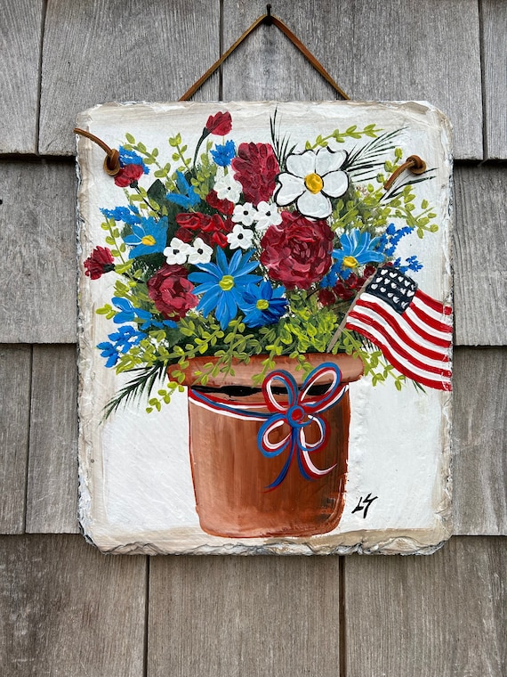 Patriotic slate sign, Summer Slate sign, July fourth welcome plaque, Painted slate, Summer Door hanger, Deck Decor, Porch Decor, Slate sign