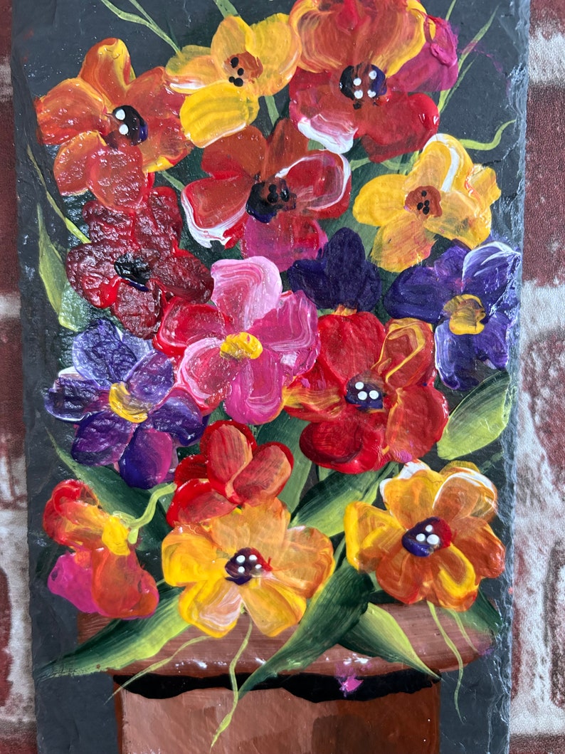 Painted Flowers, Painted slate, Spring Porch decor, painted slate sign, painting on slate, Spring welcome sign on slateSpring decor image 5