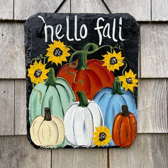 Painted slate sign, welcome plaque, door hanger, Pumpkin slate sign, Fall sign, welcome sign, Painted slate, slate sign, porch decor