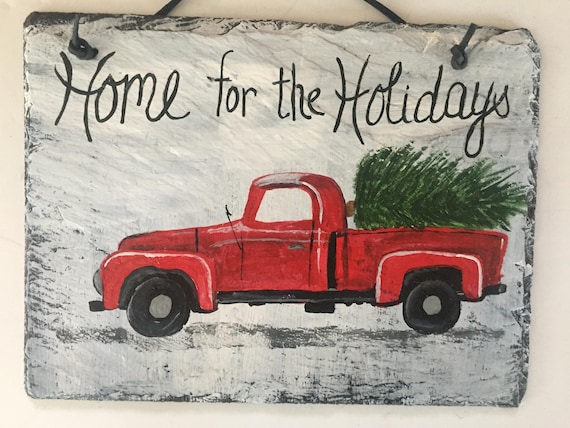 Painted Christmas slate, Christmas welcome sign, painted slate, Red Truck Christmas door hanger, painted slate, Slate sign, Welcome sign