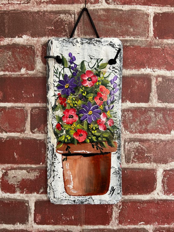 Hand-Painted Floral Slate Welcome sign: Spring Porch Decor
