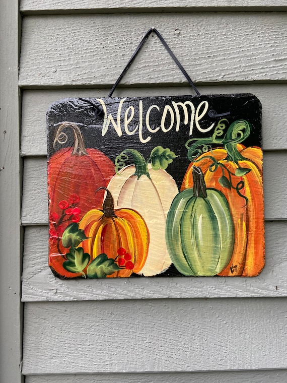 Painted Pumpkin Slate Welcome Sign - Fall Porch Decor