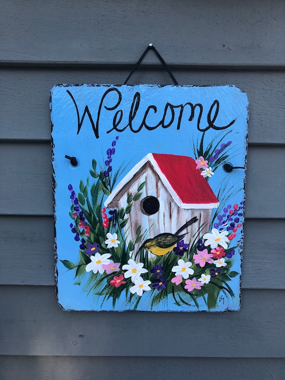 Birdhouse slate welcome sign, Spring door hanger, Gift for mom