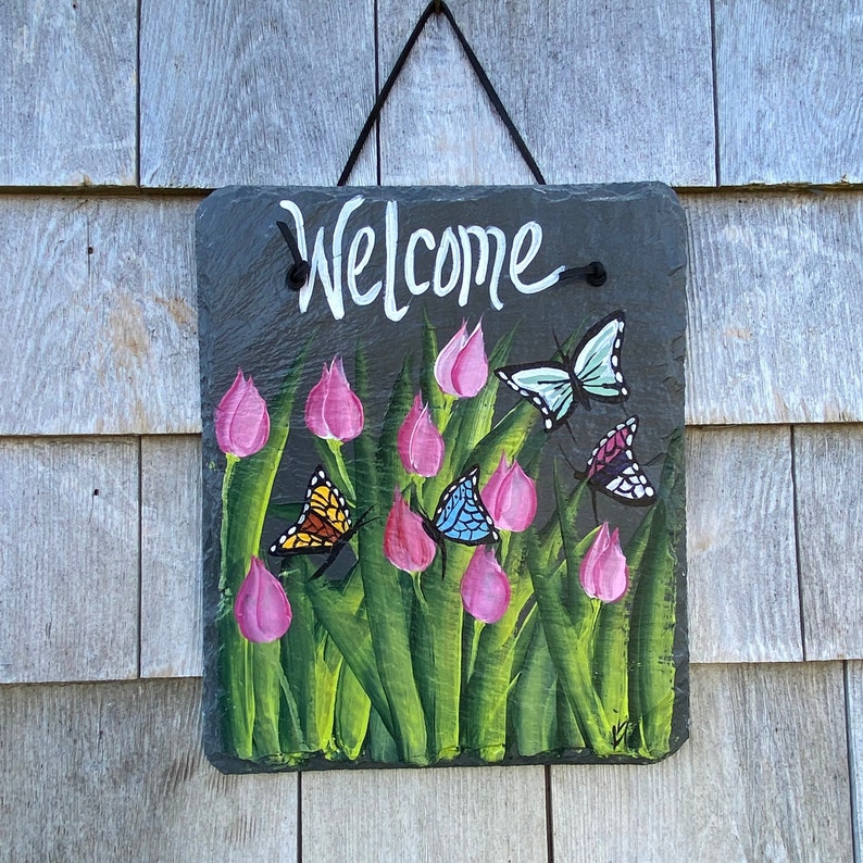 Tulips & Butterflies welcome sign, Painted Slate sign, Front door Slate, Slate Sign, Floral door hanger, Spring slate, Slate welcome plaque image 1