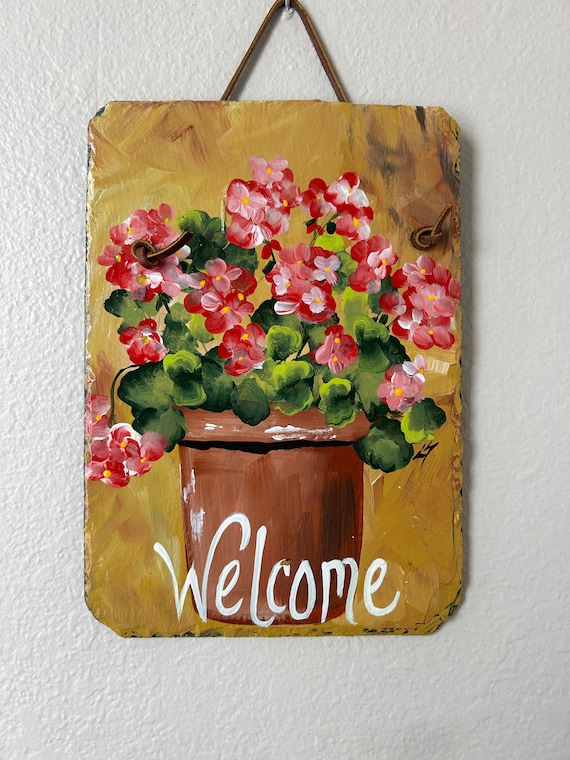 Hand Painted geranium slate, welcome spring door hanger, Spring porch decor, Painted floral welcome sign, Deck decor, garden decor