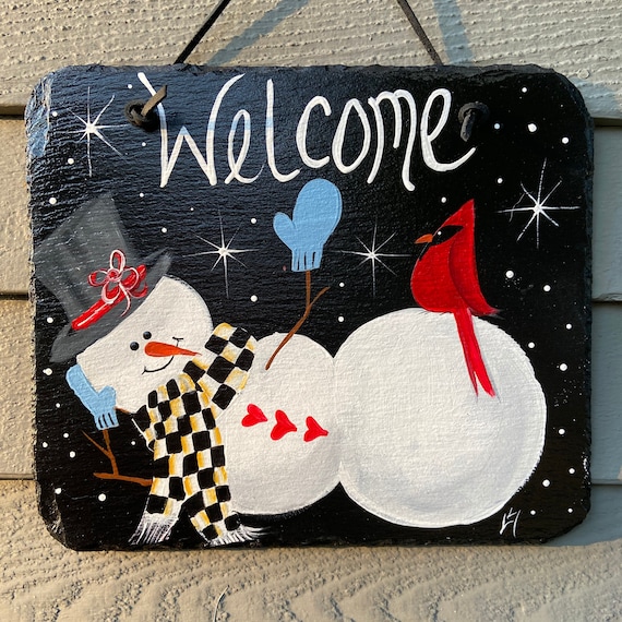 Winter slate sign, Snowman slate sign, welcome plaque, Winter door hanger, Snowman sign, Painted slate tile, slate sign, painting on slate