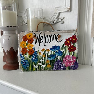 Painted slate welcome sign, garden slate sign, floral welcome plaque, Porch decor, door hanger, small slate welcome sign, garden decor image 3