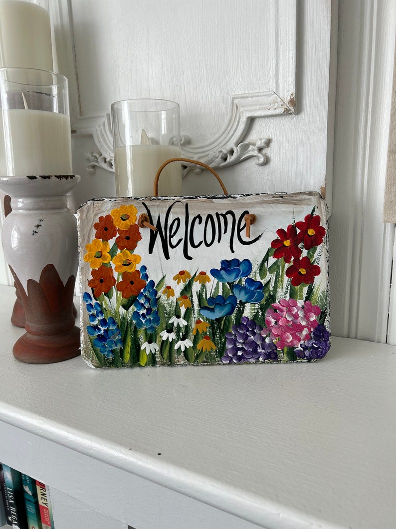 Painted slate welcome sign, garden slate sign, floral welcome plaque, Porch decor, door hanger, small slate welcome sign, garden decor image 3